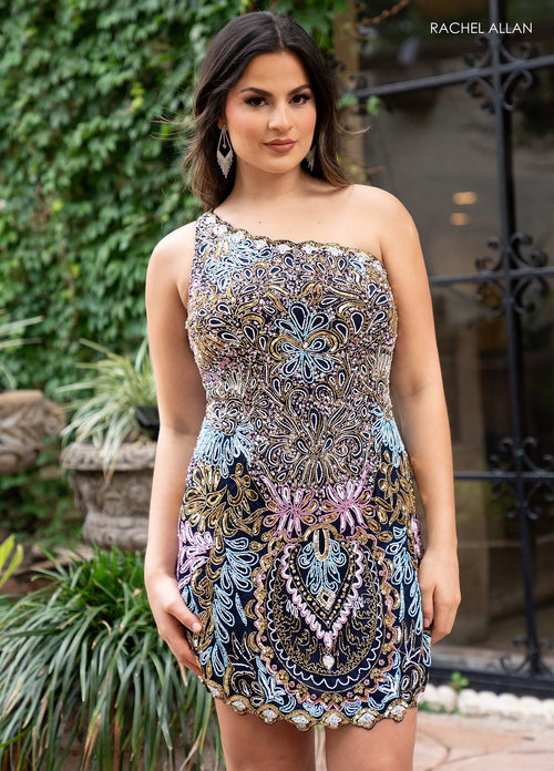 Rachel Allan 40268 Bead Print Short One Shoulder Dress