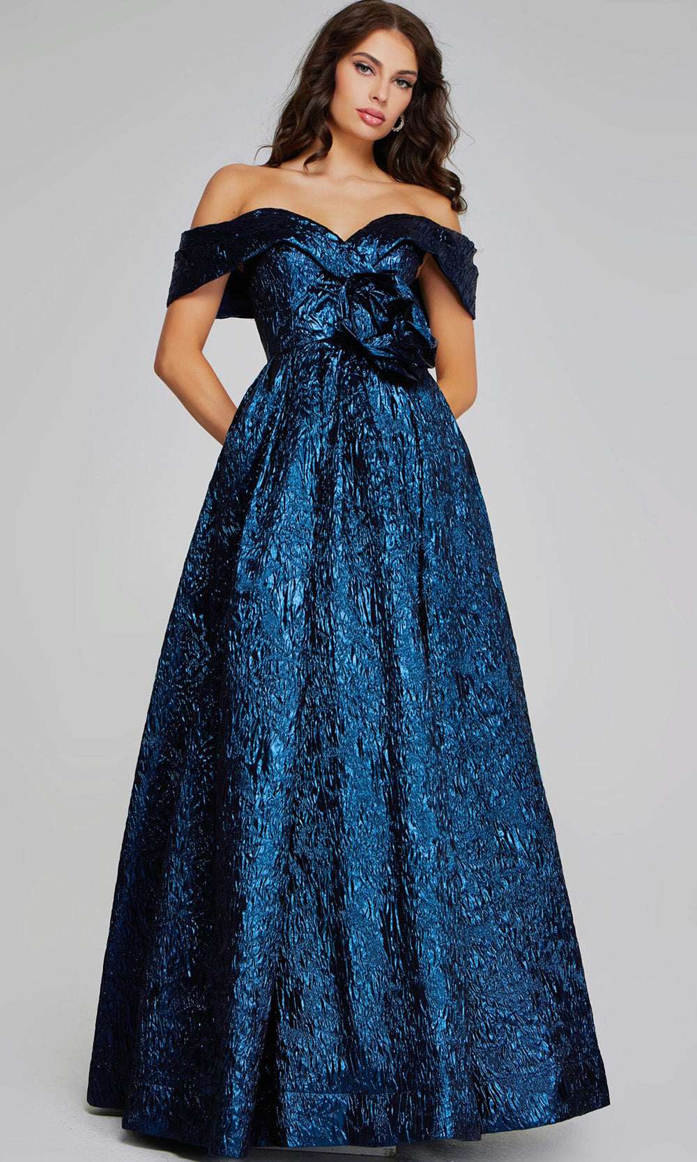 Metallic Navy Off-Shoulder Gown by Jovani