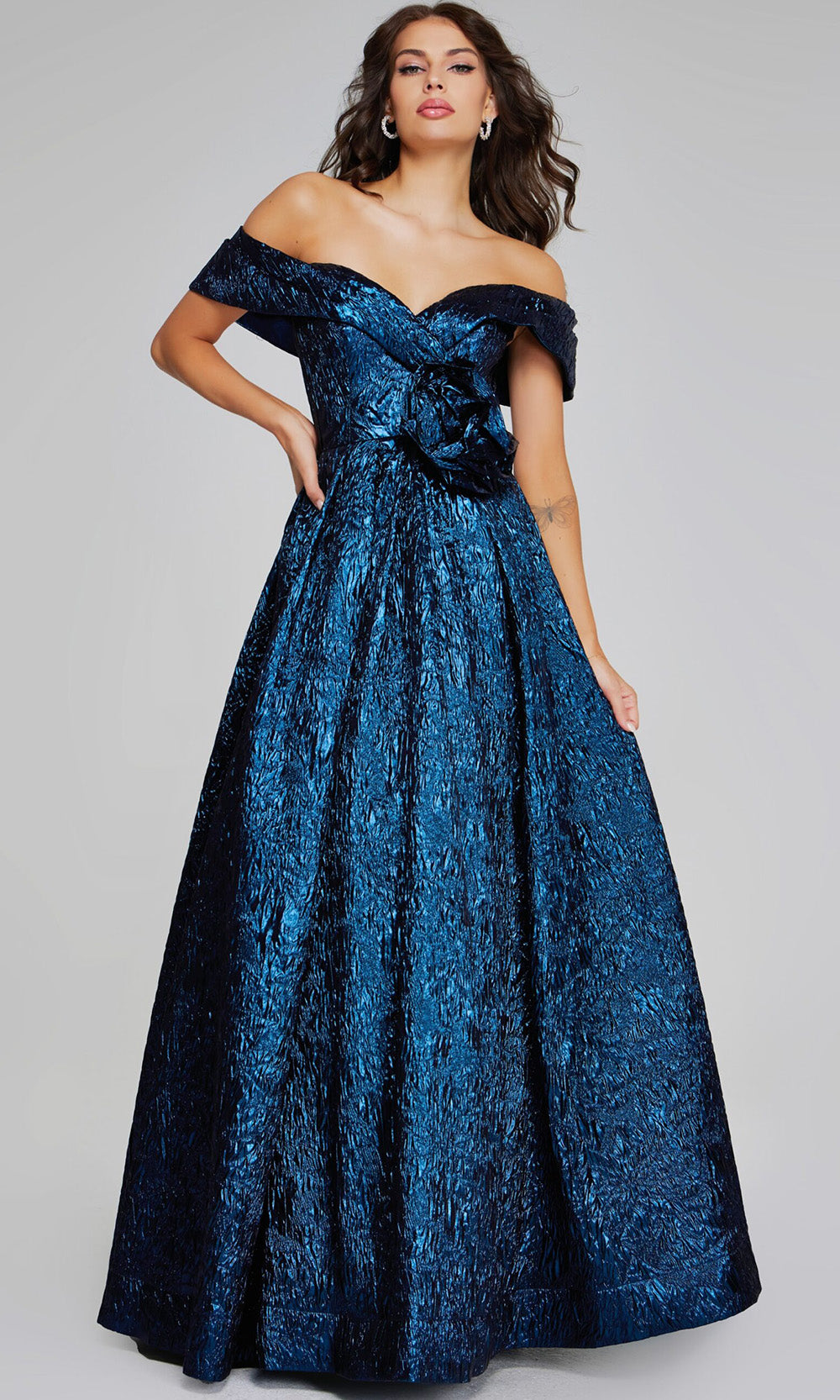 Metallic Navy Off-Shoulder Gown by Jovani