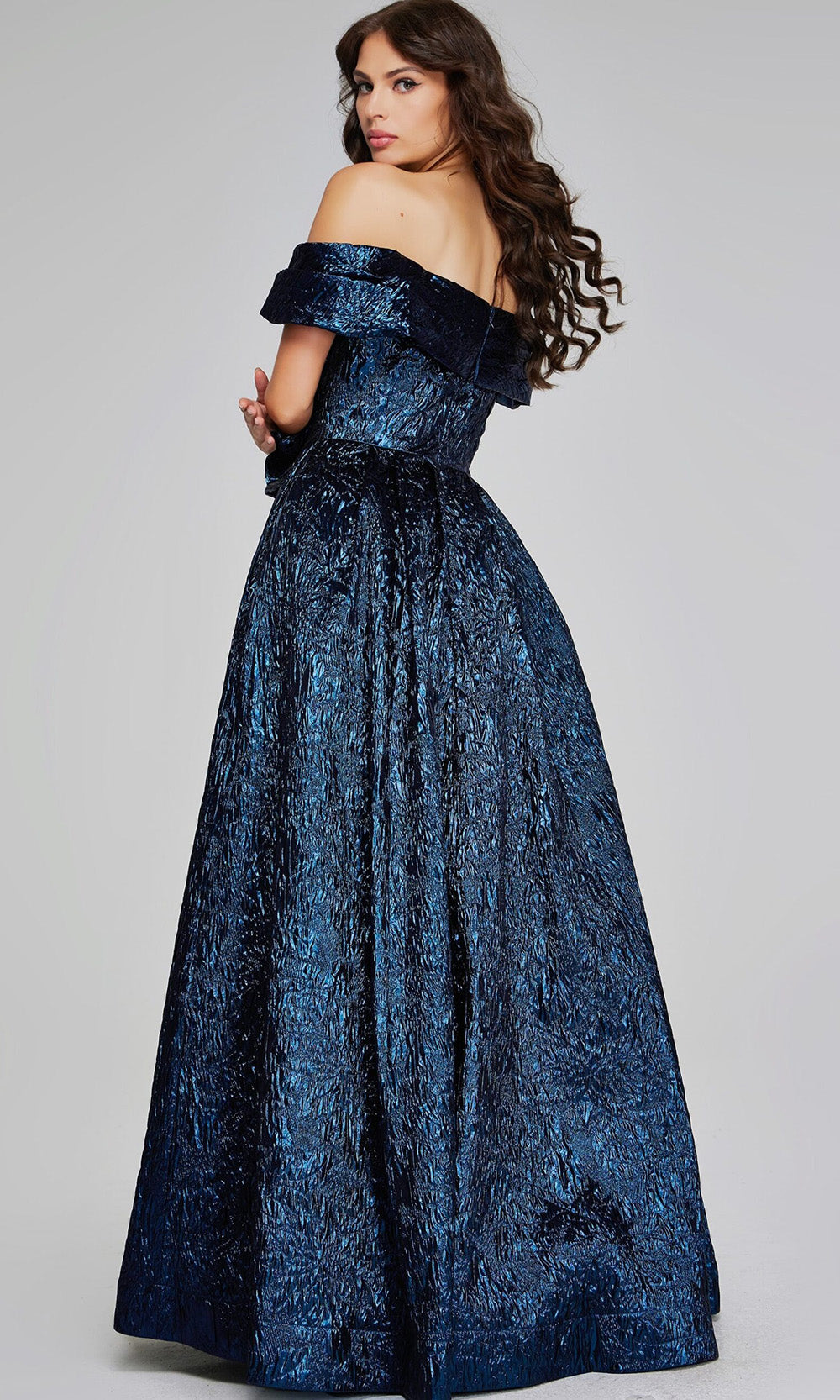 Metallic Navy Off-Shoulder Gown by Jovani