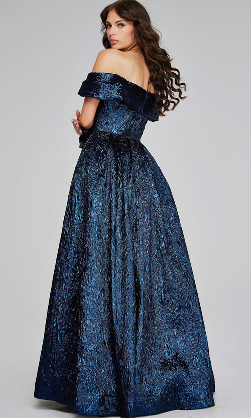 Metallic Navy Off-Shoulder Gown by Jovani