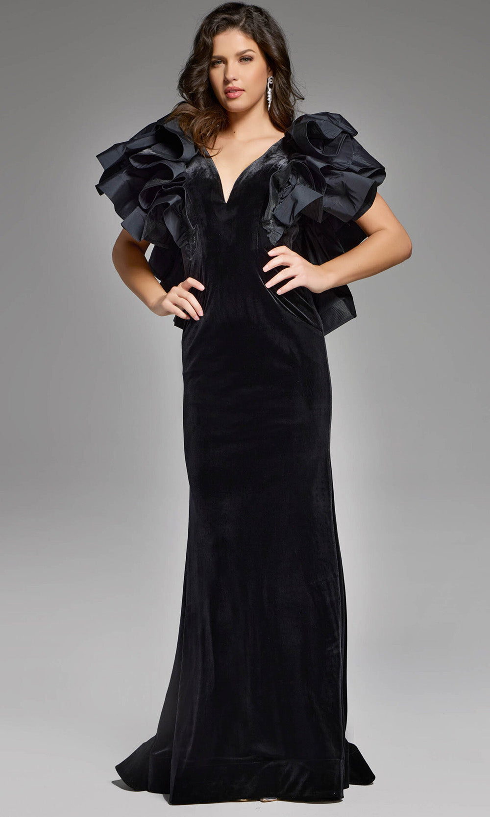 Clearance Black Size 8 Velvet Evening Gown Ruffled Sleeves By Jovani 40289