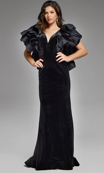 Clearance Black Size 8 Velvet Evening Gown Ruffled Sleeves By Jovani 40289