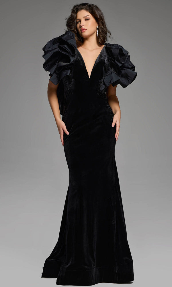 Clearance Black Size 8 Velvet Evening Gown Ruffled Sleeves By Jovani 40289