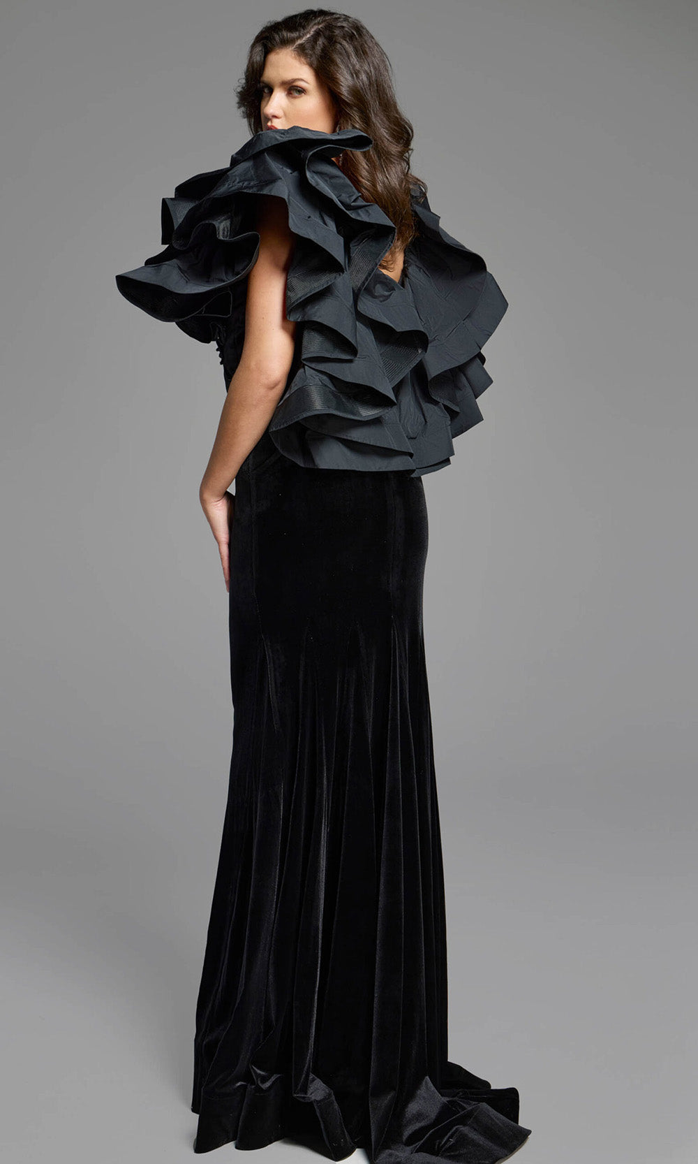 Clearance Black Size 8 Velvet Evening Gown Ruffled Sleeves By Jovani 40289