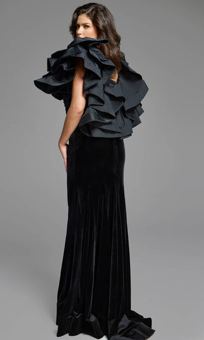Clearance Black Size 8 Velvet Evening Gown Ruffled Sleeves By Jovani 40289