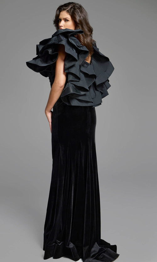 Clearance Black Size 8 Velvet Evening Gown Ruffled Sleeves By Jovani 40289