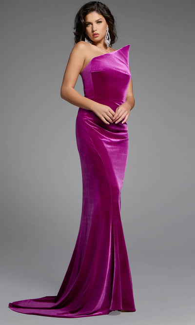 Velvet Asymmetric Neck Sheath Gown by Jovani