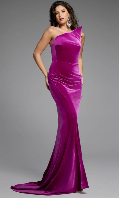 Velvet Asymmetric Neck Sheath Gown by Jovani