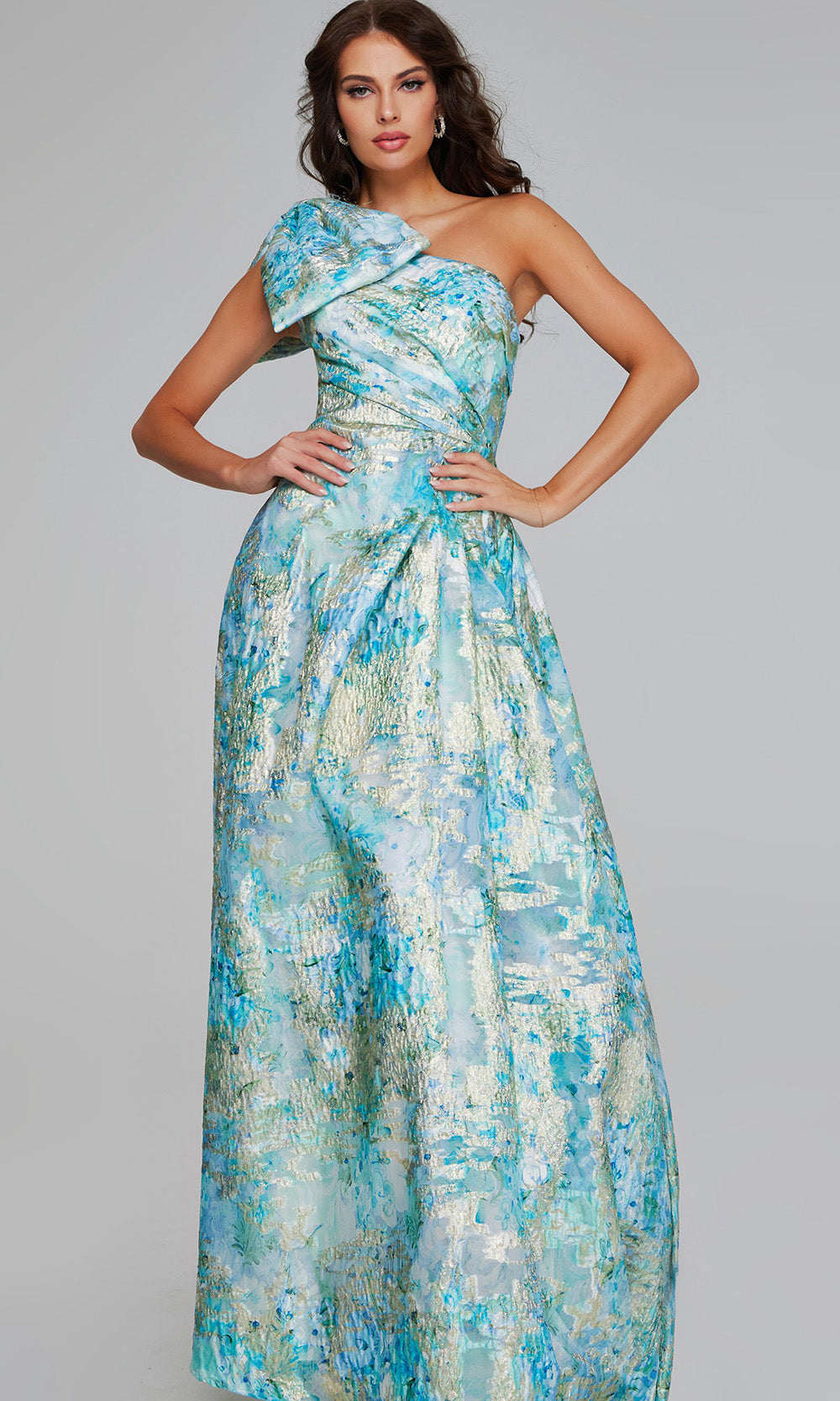 Jovani Bow Appliqued Metallic Gown