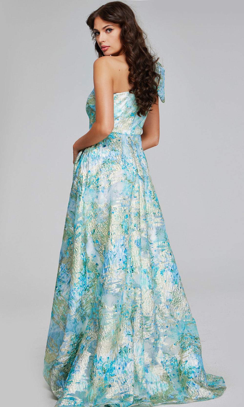 Jovani Bow Appliqued Metallic Gown