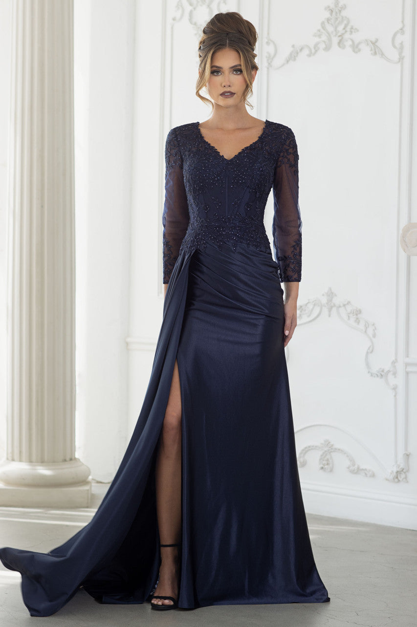 Elegant Lace Bodice Mother of the Bride Dress with 3/4 Sleeves V-Neck Dress by Lenovia 8366