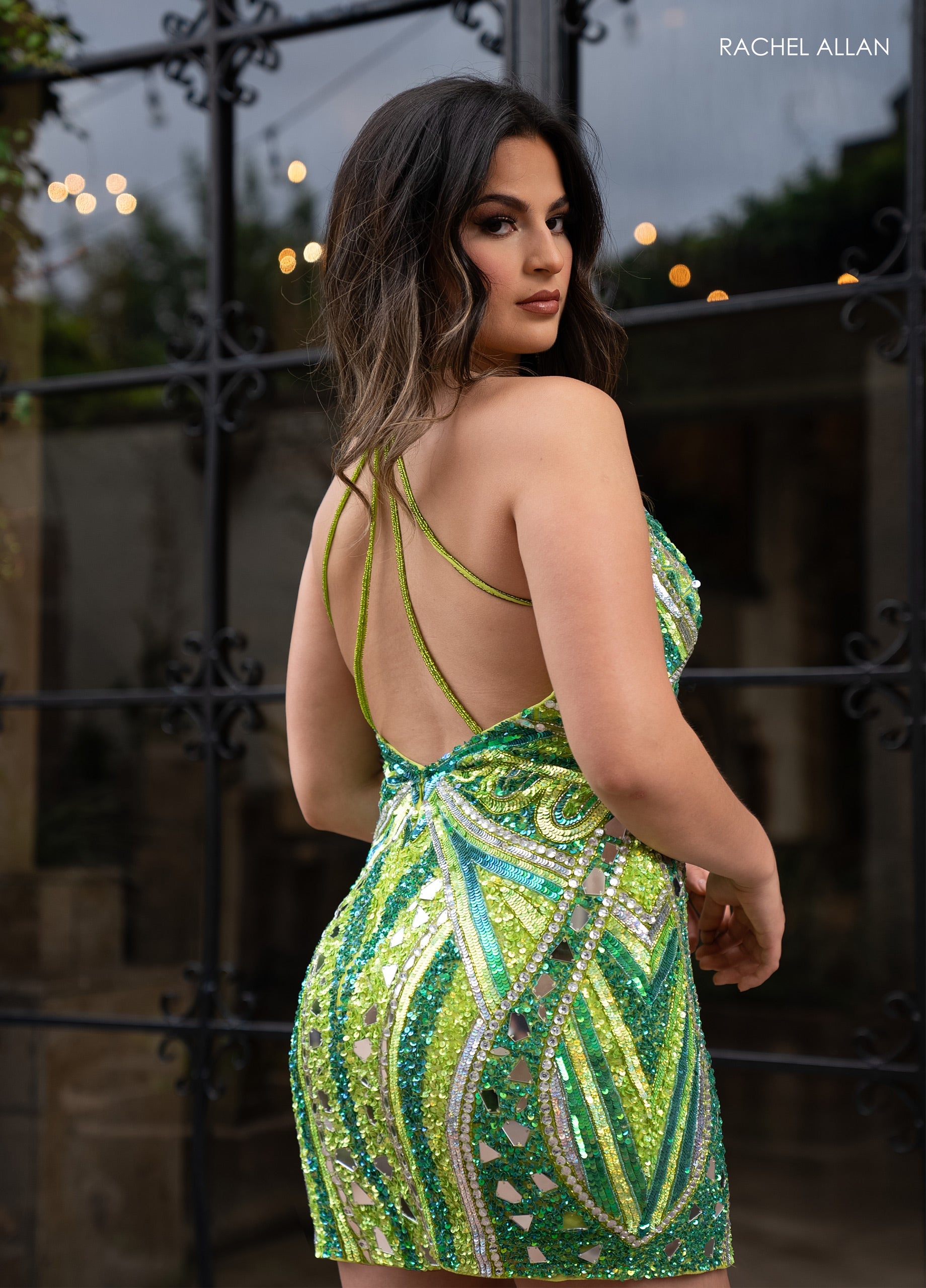Rachel Allan 40403 Mirror Beaded Short V-Neck Dress