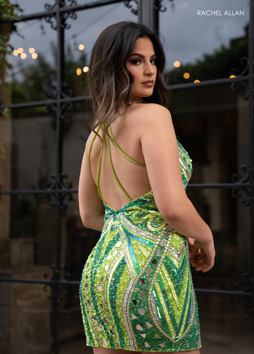 Rachel Allan 40403 Mirror Beaded Short V-Neck Dress