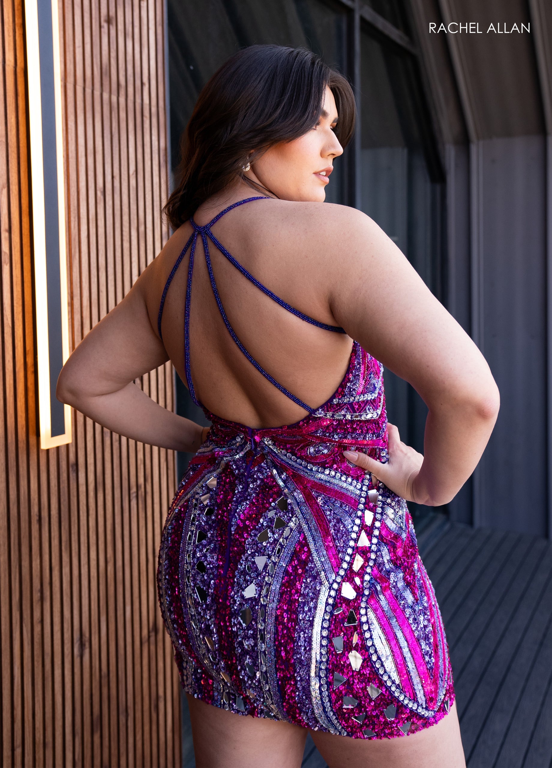 Rachel Allan 40403 Mirror Beaded Short V-Neck Dress