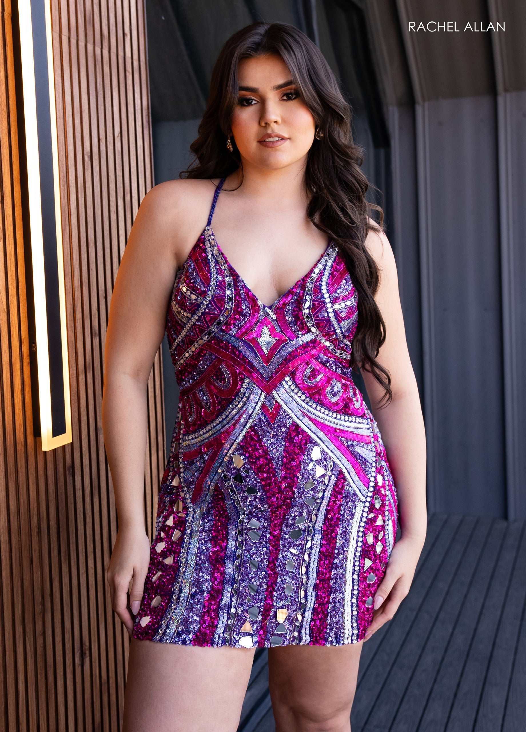 Rachel Allan 40403 Mirror Beaded Short V-Neck Dress