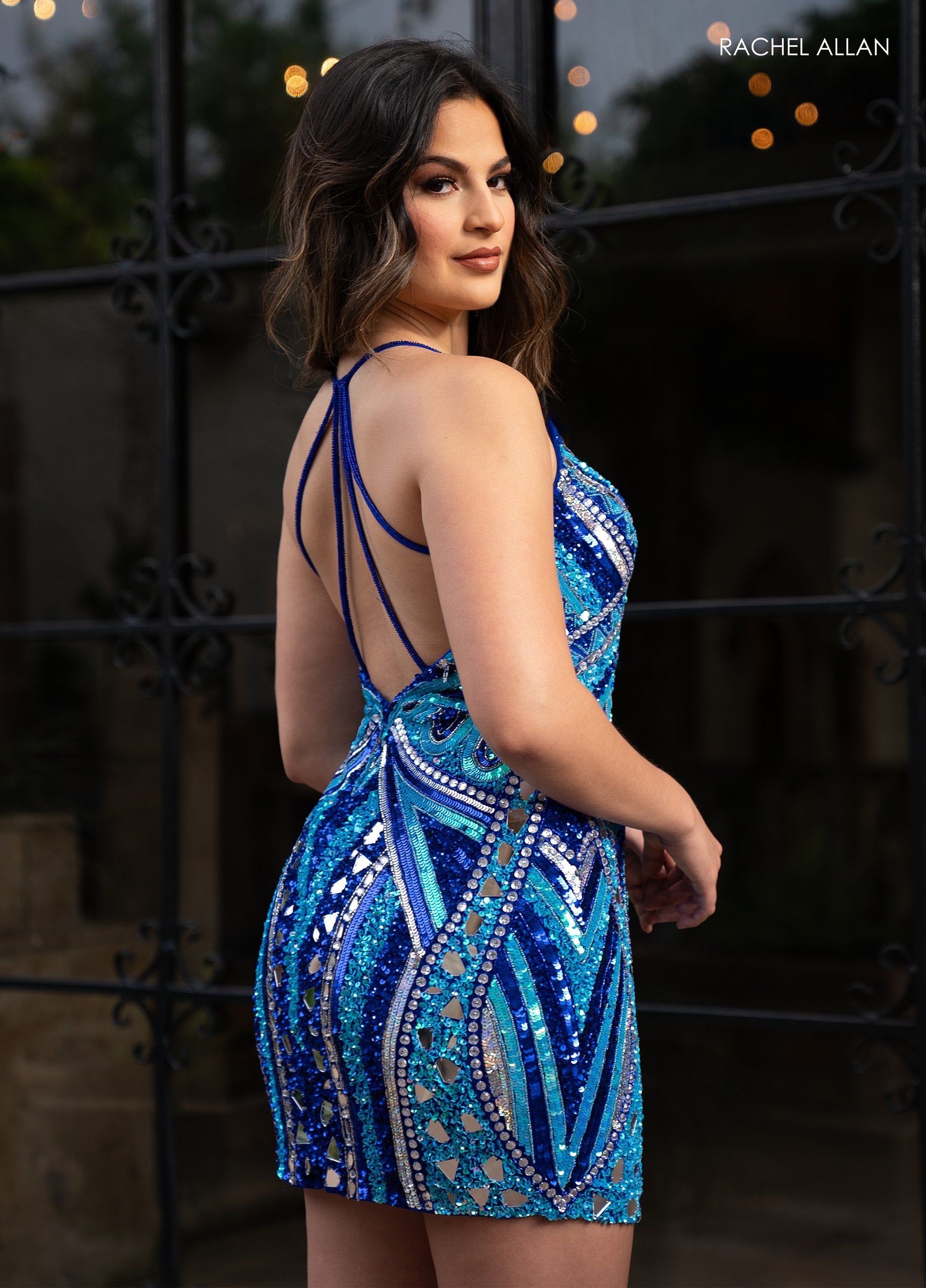 Rachel Allan 40403 Mirror Beaded Short V-Neck Dress