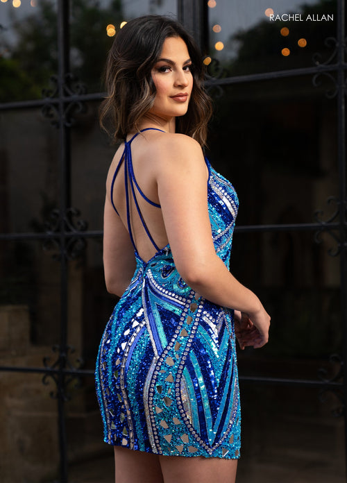 Rachel Allan 40403 Mirror Beaded Short V-Neck Dress