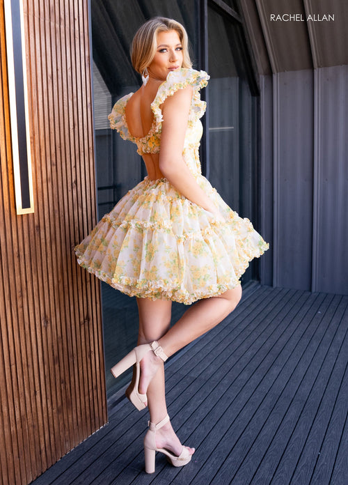 Rachel Allan 40408 Floral Print Short Cap Sleeve Dress