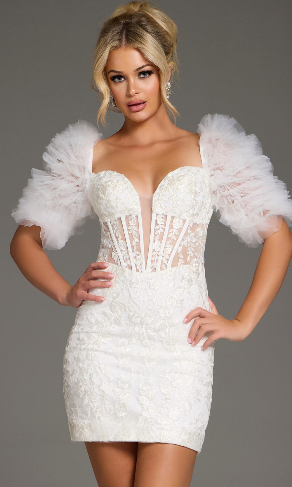 Jovani 40426 - Tulle Puff Sleeve Floral Mini Dress