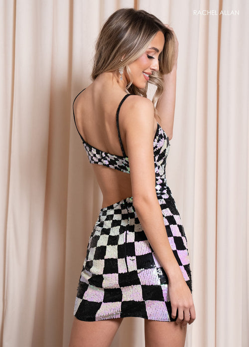 Rachel Allan 40428 Sequin Print Short Cutout Dress