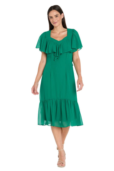 Ruffle Chiffon Midi Dress with Flutter Sleeves with Tiered Detail by R&M Richards 4054