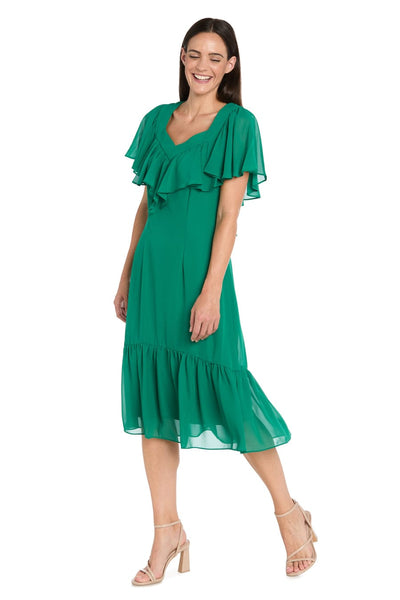 Ruffle Chiffon Midi Dress with Flutter Sleeves with Tiered Detail by R&M Richards 4054