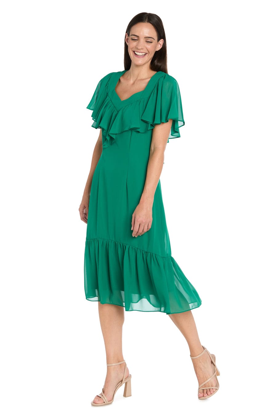 Ruffle Chiffon Midi Dress with Flutter Sleeves with Tiered Detail by R&M Richards 4054