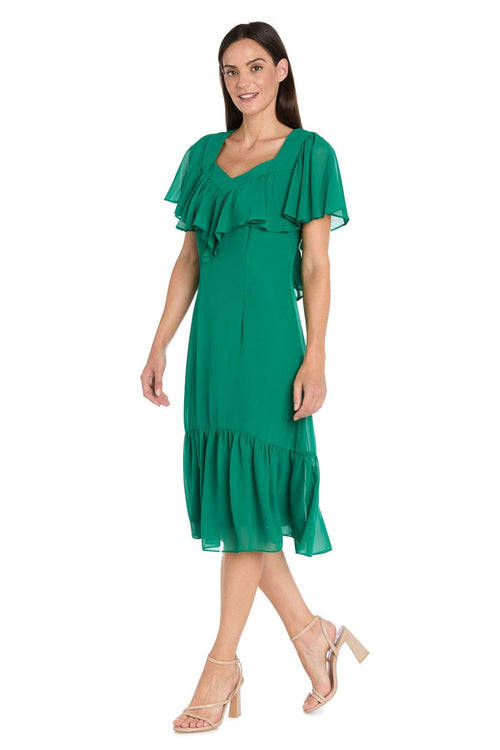 Ruffle Chiffon Midi Dress with Flutter Sleeves with Tiered Detail by R&M Richards 4054