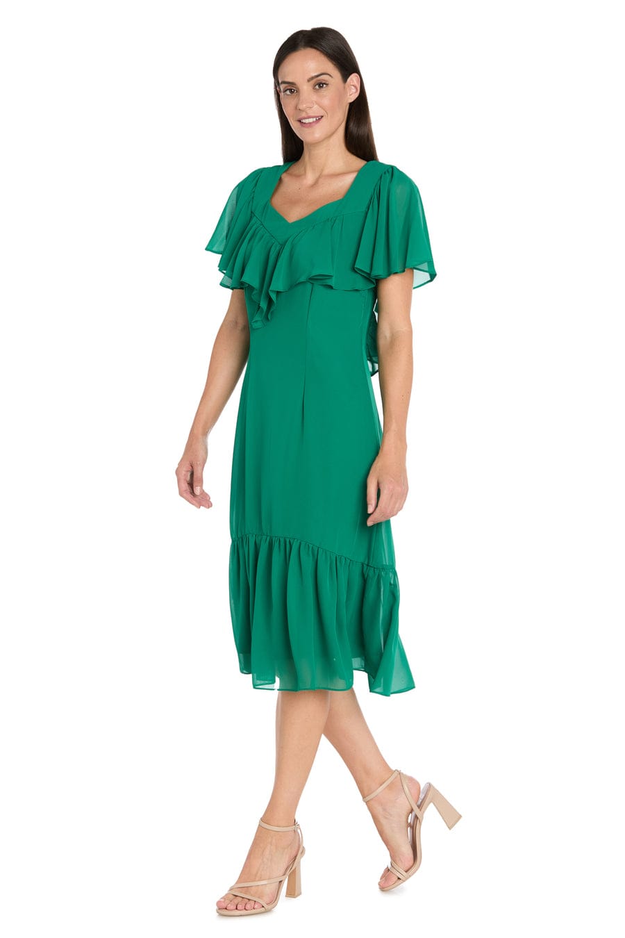 Ruffle Chiffon Midi Dress with Flutter Sleeves with Tiered Detail by R&M Richards 4054