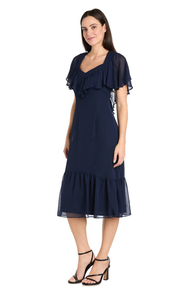 Ruffle Chiffon Midi Dress with Flutter Sleeves with Tiered Detail by R&M Richards 4054
