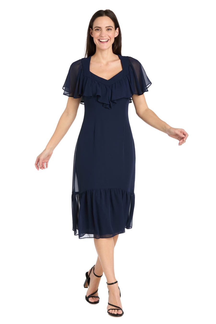 Ruffle Chiffon Midi Dress with Flutter Sleeves with Tiered Detail by R&M Richards 4054