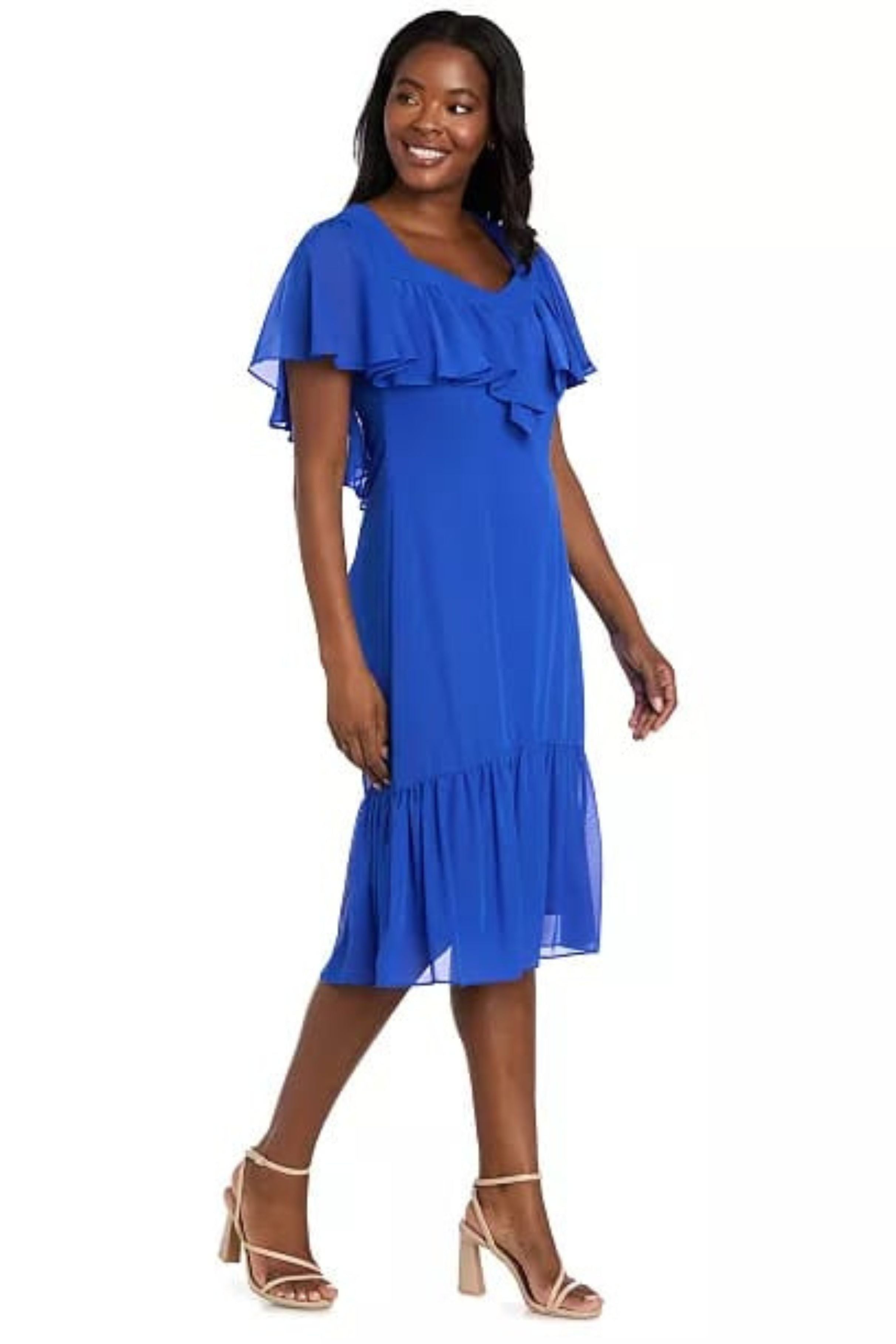 Ruffle Chiffon Midi Dress with Flutter Sleeves with Tiered Detail by R&M Richards 4054