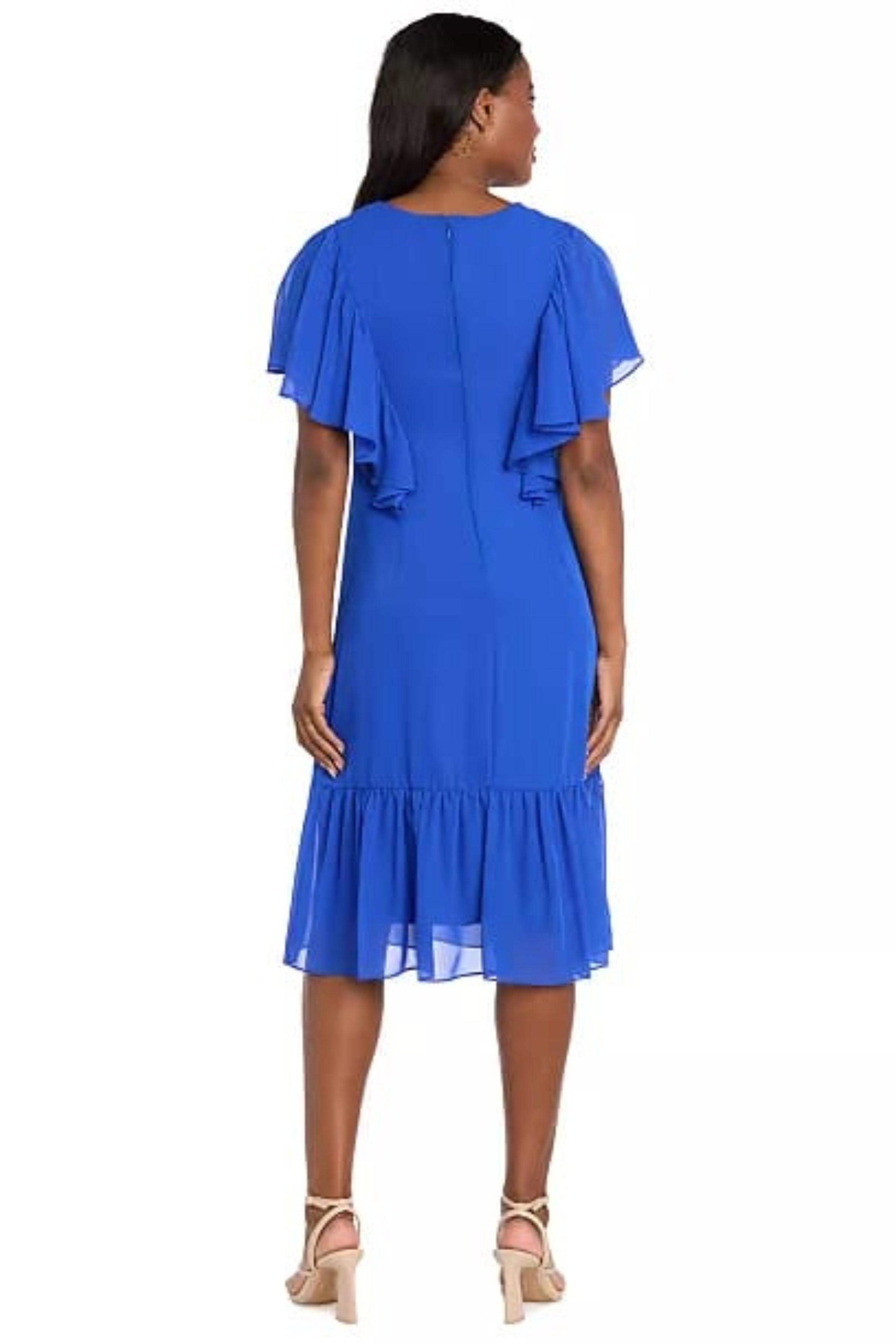 Ruffle Chiffon Midi Dress with Flutter Sleeves with Tiered Detail by R&M Richards 4054