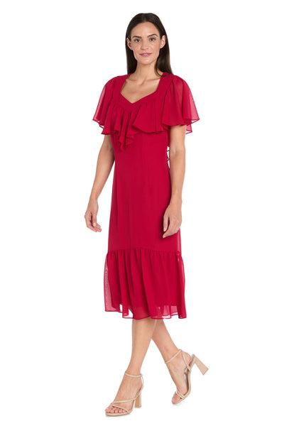 Ruffle Chiffon Midi Dress with Flutter Sleeves with Tiered Detail by R&M Richards 4054