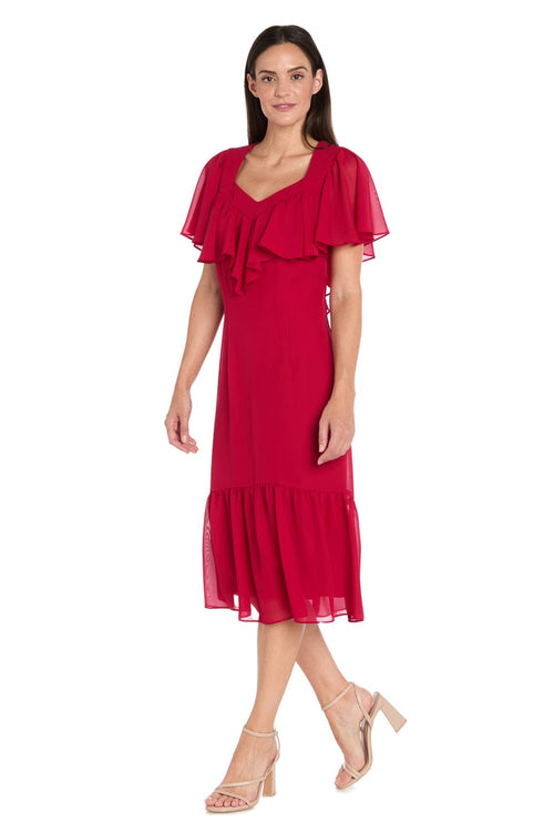Ruffle Chiffon Midi Dress with Flutter Sleeves with Tiered Detail by R&M Richards 4054