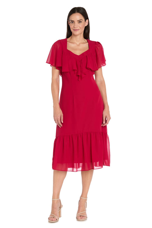 Ruffle Chiffon Midi Dress with Flutter Sleeves with Tiered Detail by R&M Richards 4054