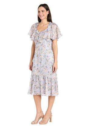 Periwinkle Blue Ruffle Floral Midi Dress with Flutter Sleeves with Short Sleeve and Tiered Detail by R&M Richards 4063