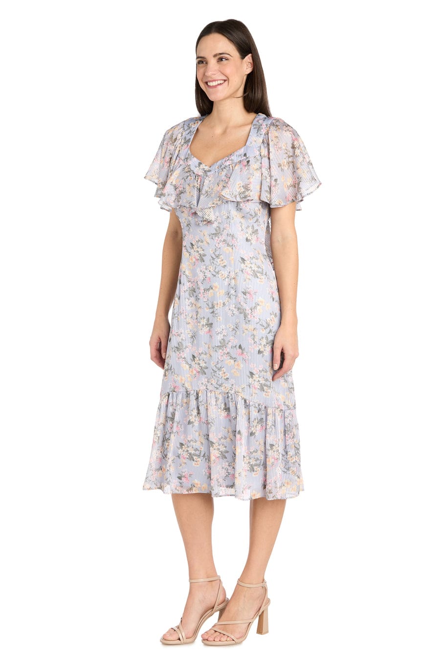 Periwinkle Blue Ruffle Floral Midi Dress with Flutter Sleeves with Short Sleeve and Tiered Detail by R&M Richards 4063