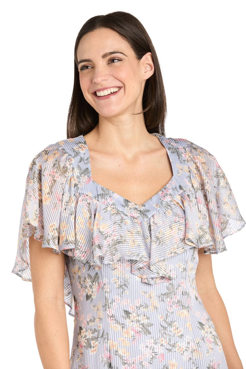Periwinkle Blue Ruffle Floral Midi Dress with Flutter Sleeves with Short Sleeve and Tiered Detail by R&M Richards 4063
