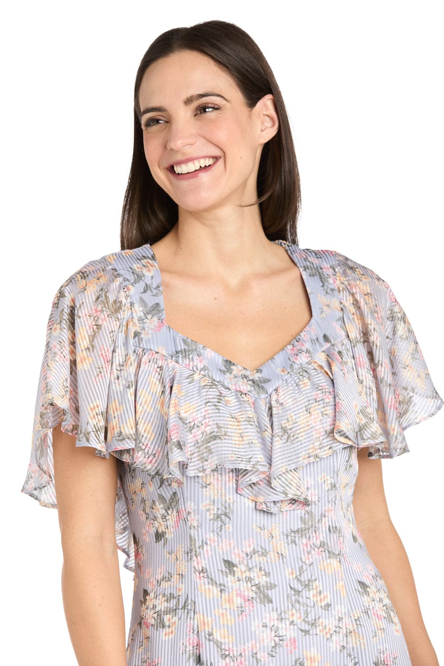 Periwinkle Blue Ruffle Floral Midi Dress with Flutter Sleeves with Short Sleeve and Tiered Detail by R&M Richards 4063