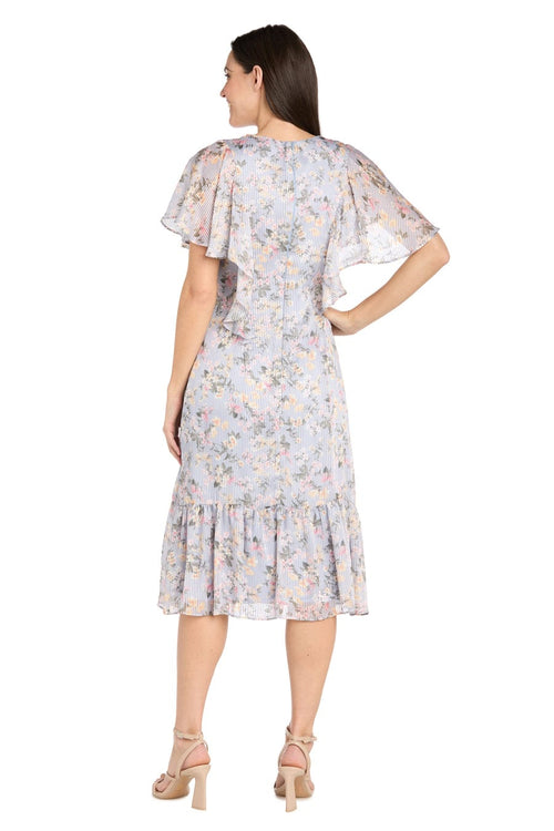 Periwinkle Blue Ruffle Floral Midi Dress with Flutter Sleeves with Short Sleeve and Tiered Detail by R&M Richards 4063