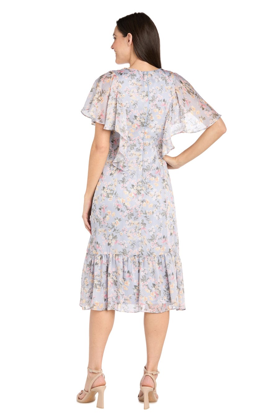 Periwinkle Blue Ruffle Floral Midi Dress with Flutter Sleeves with Short Sleeve and Tiered Detail by R&M Richards 4063