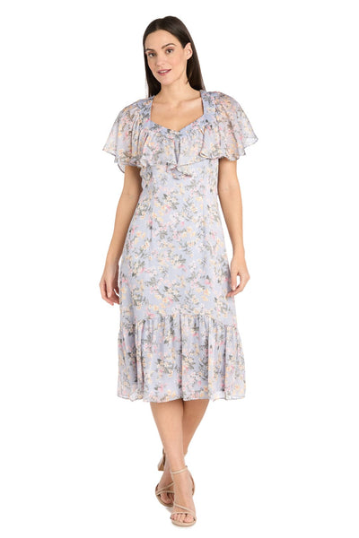 Periwinkle Blue Ruffle Floral Midi Dress with Flutter Sleeves with Short Sleeve and Tiered Detail by R&M Richards 4063