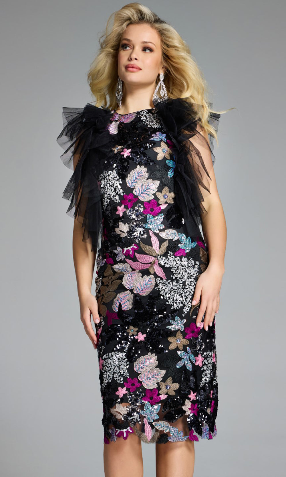 Jovani 40683 - Ruffled Shoulder Floral Embellished Dress