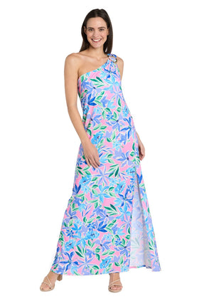 Pink Green One-Shoulder Floral Maxi Dress with One Shoulder and Slit Detail by R&M Richards 4069