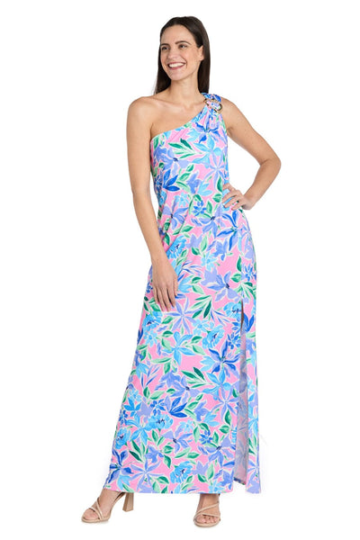 Pink Green One-Shoulder Floral Maxi Dress with One Shoulder and Slit Detail by R&M Richards 4069