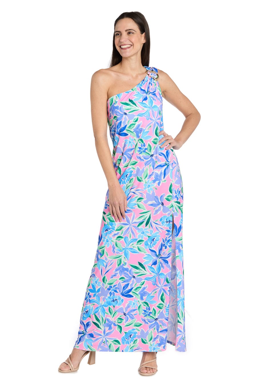 Pink Green One-Shoulder Floral Maxi Dress with One Shoulder and Slit Detail by R&M Richards 4069