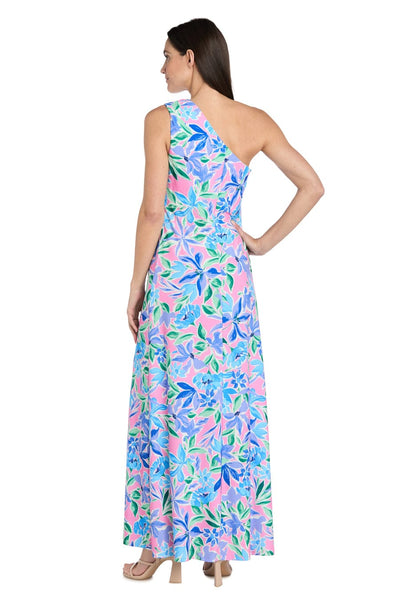 Pink Green One-Shoulder Floral Maxi Dress with One Shoulder and Slit Detail by R&M Richards 4069