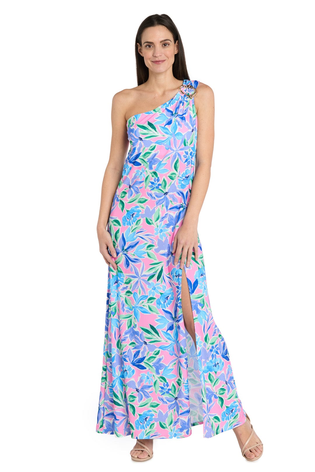Pink Green One-Shoulder Floral Maxi Dress with One Shoulder and Slit Detail by R&M Richards 4069